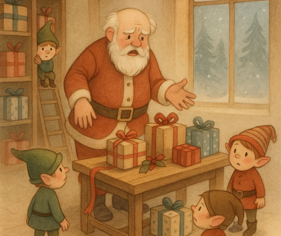 Illustration Calendrier de Noël Quello Jour 1 — le Père Noël affolé sans son bonnet au Pôle Nord