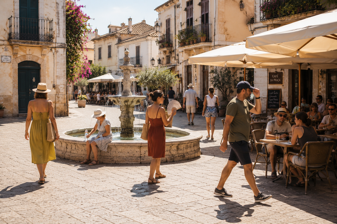 Place méditerranéenne en été avec fontaine, terrasses ombragées et passants s'adaptant à la chaleur