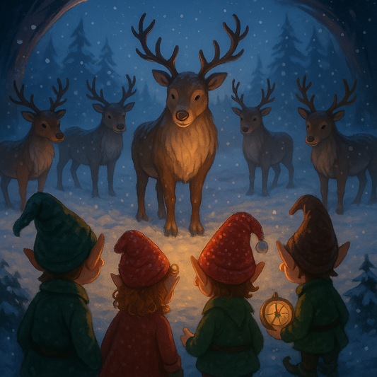 Illustration Calendrier de Noël Quello Jour 7 — les rennes réunis en cercle pour un conseil magique