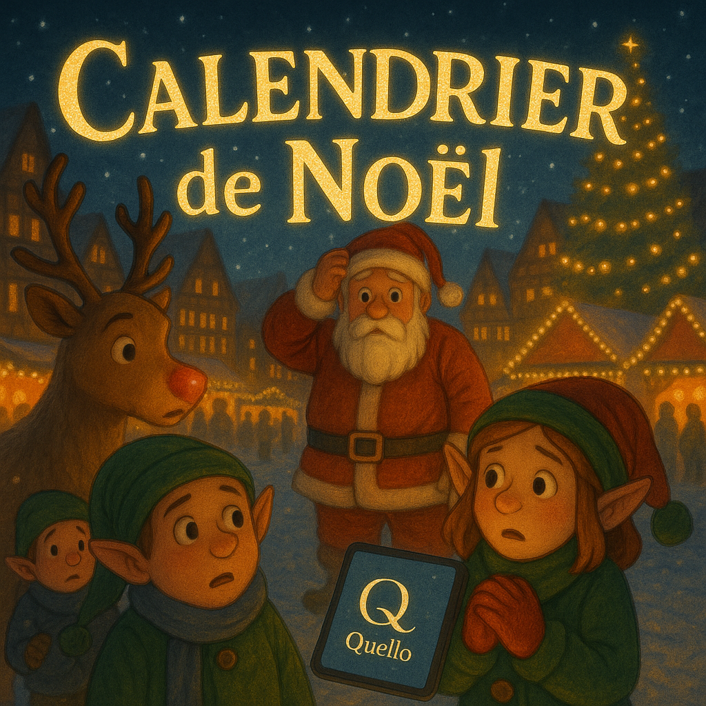 Illustration magique d’un paysage hivernal avec lutins et lumière de Noël, utilisée pour présenter le Calendrier de Noël Quello.