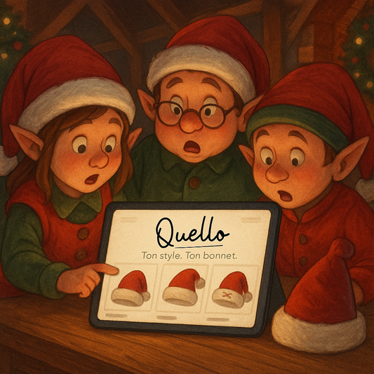 Illustration Calendrier de Noël Quello Jour 4 — les lutins découvrant un bonnet rouge sur une tablette lumineuse