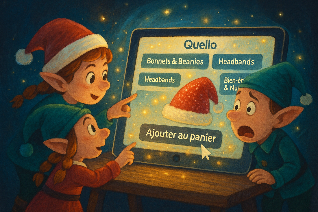 Illustration Calendrier de Noël Quello Jour 5 — les lutins explorant la boutique en ligne Quello sur une tablette