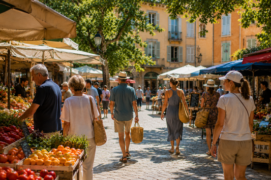 Marché d'été dans une ville méditerranéenne avec habitants en vêtements légers profitant de la fraîcheur du matin