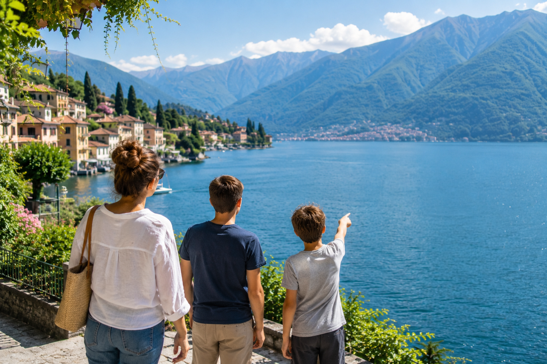 Une femme et deux adolescents découvrent le lac de Côme à leur arrivée en vacances sous un beau soleil d'été.