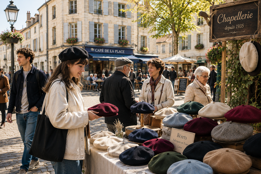 Bérets colorés sur un marché français fréquenté par plusieurs générations