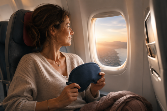 Voyageuse dans un avion vers l'Europe du Sud tenant un masque de sommeil, à la recherche de confort et de repos pendant le voyage.