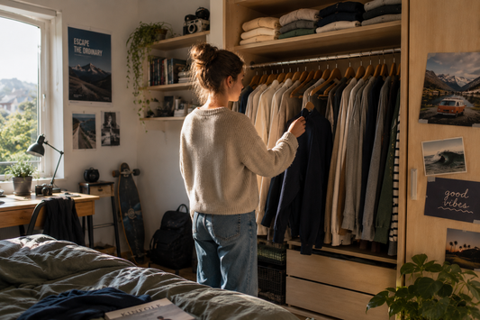 Femme choisissant naturellement son pull préféré devant une garde-robe remplie de vêtements du quotidien.
