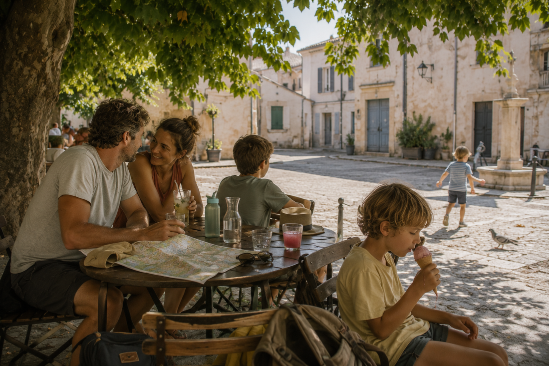 Famille profitant d'une pause à l'ombre d'un platane sur une terrasse d'un village du sud de l'Europe pendant une journée de forte chaleur estivale.