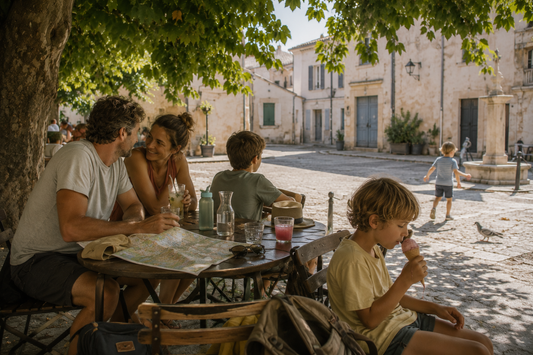 Famille profitant d'une pause à l'ombre d'un platane sur une terrasse d'un village du sud de l'Europe pendant une journée de forte chaleur estivale.