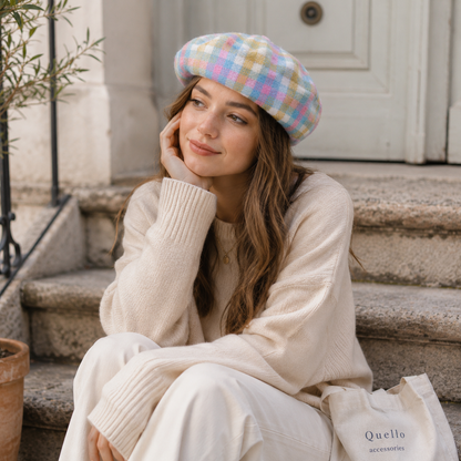 Béret Maëline – béret à carreaux en mélange laine pour l’automne et l’hiver
