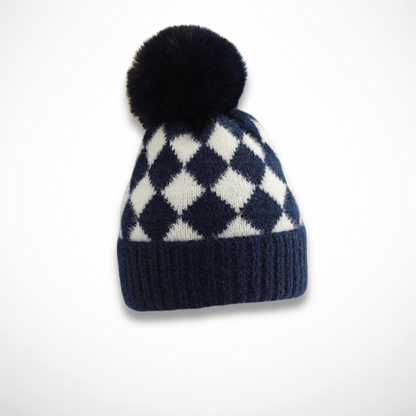 Children's Pom-Pom Hat with Diamond Pattern