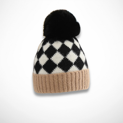 Children's Pom-Pom Hat with Diamond Pattern