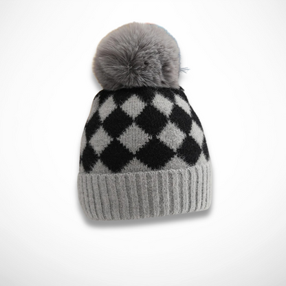 Children's Pom-Pom Hat with Diamond Pattern