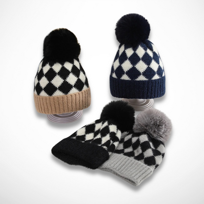 Children's Pom-Pom Hat with Diamond Pattern